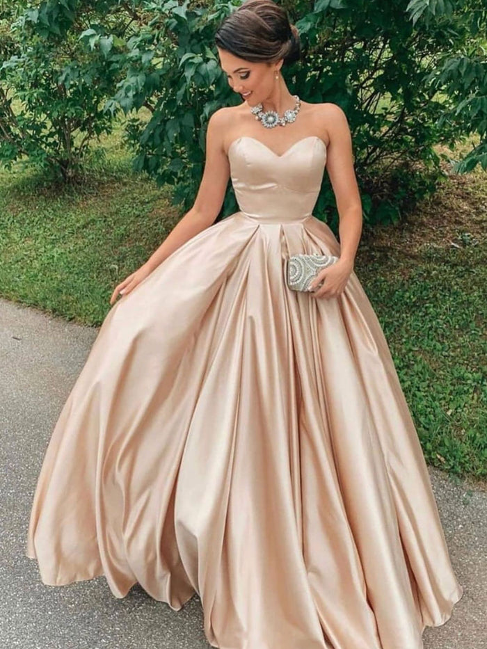Simple champagne satin long prom dress, champagne long evening dress