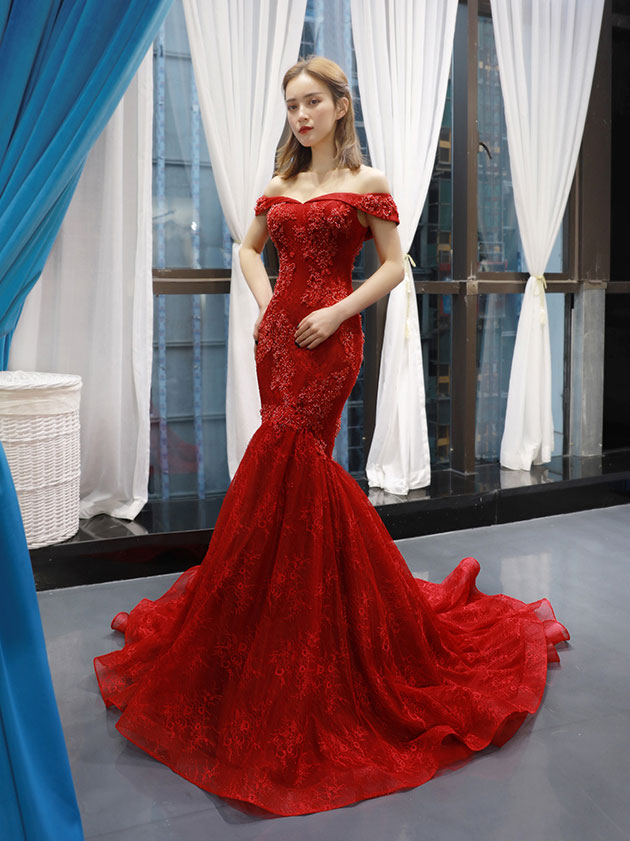 Burgundy lace tulle long prom dress, burgundy evening dress