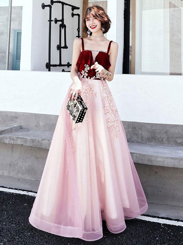 Pink sweetheart tulle lace long prom dress, pink evening dress