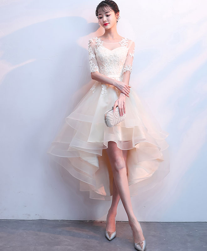 champagne short homecoming dresses Champagne Lace Long Sleeve Short Prom Dress V-Neck Homecoming Gown
