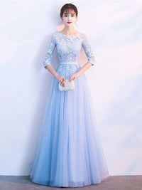 Blue tulle lace long prom dress, blue tulle lace bridesmaid dress