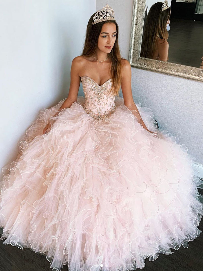 Pink sweetheart tulle prom dress, pink tulle sweet 16 dress