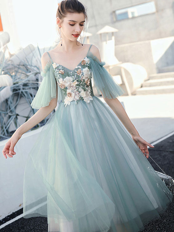 Green v neck tulle lace short prom dress green homecoming dress