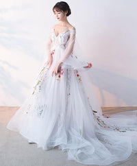 White tulle applique long prom dress, white formal dress