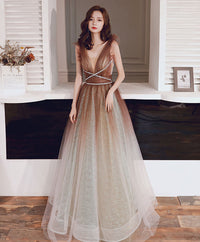 A-line tulle v neck sequin long prom dress tulle formal dress