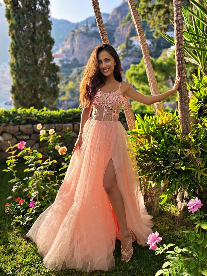 Pink Aline tulle lace long prom dress, pink formal dress