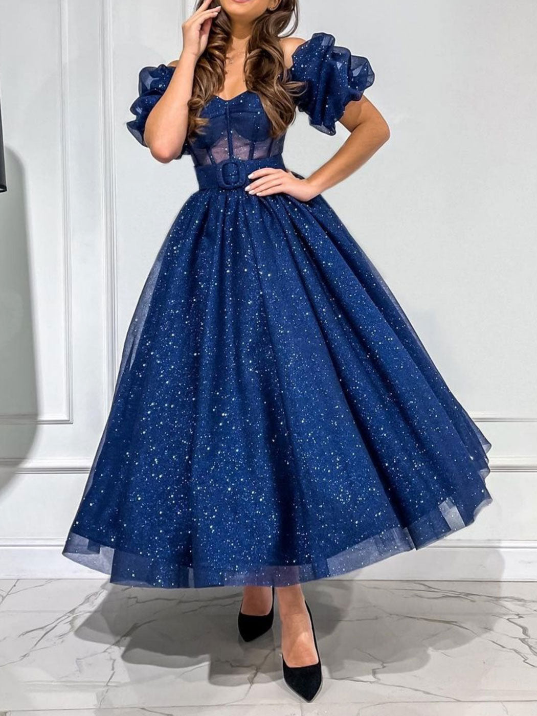 Cute dark blue tea length prom dress, blue homecoming dress