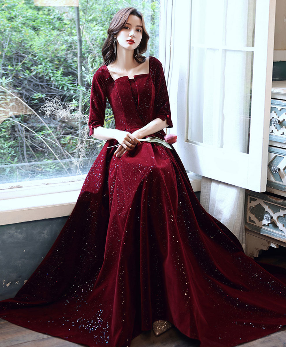 Red Crystal Embellished Long Sleeve Velvet Wedding Gown – Sultan Dress