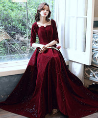 Simple burgundy velvet long prom dress velvet evening dress