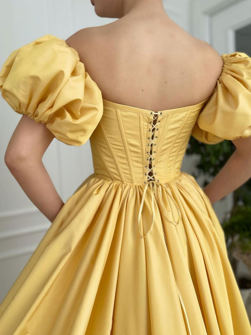 Elegant Yellow Satin High Low Sleeveless Simple Ball Gown Long