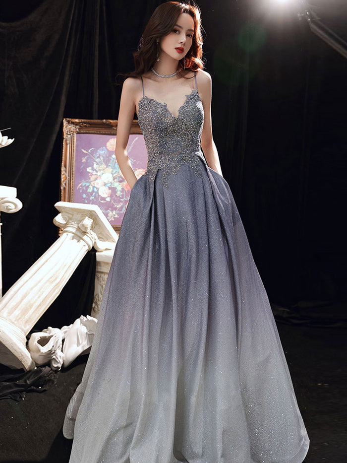 Blue sweetheart satin lace gradient long prom dress