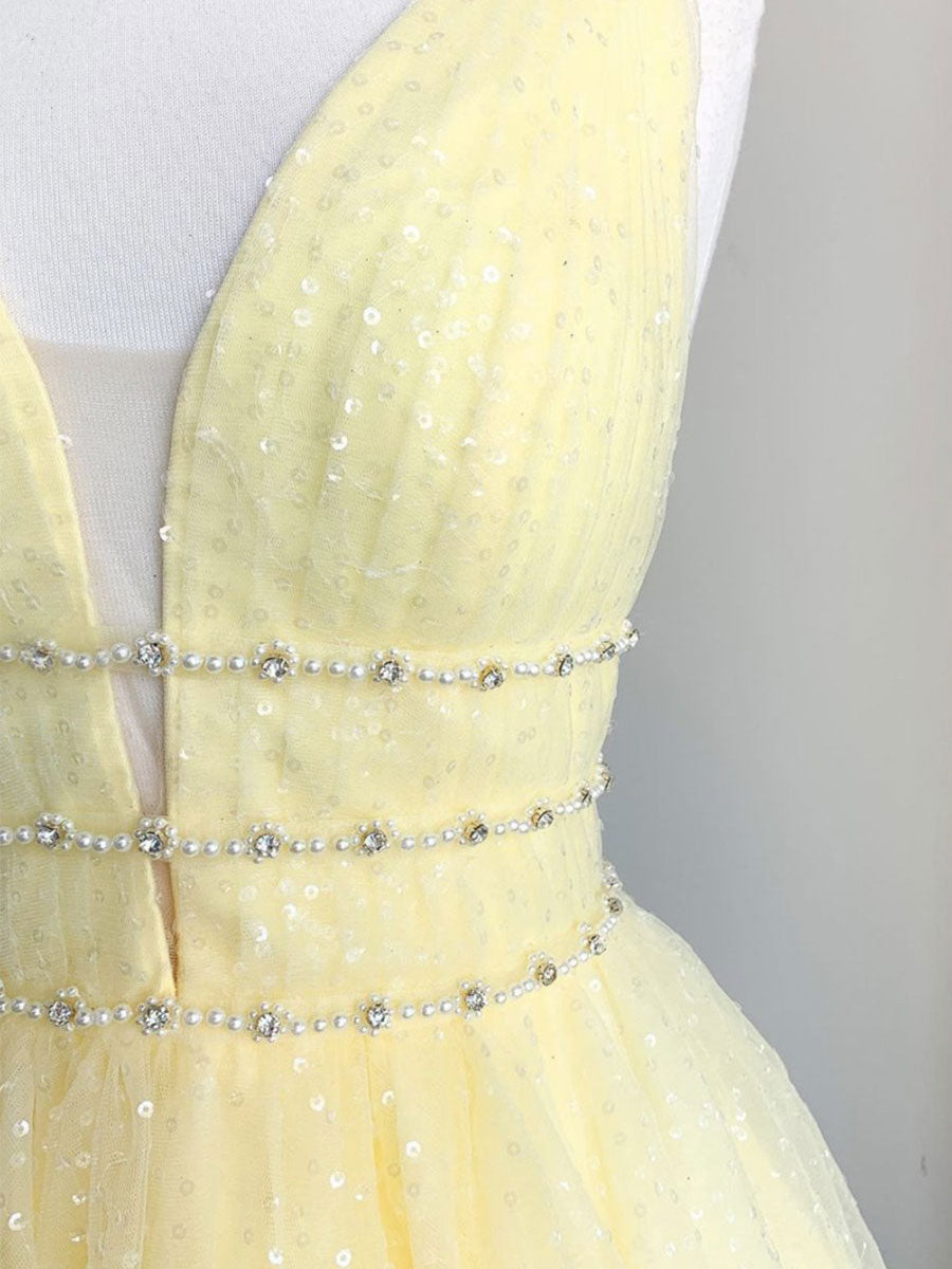 Yellow v neck tulle sequin short prom dress yellow formal dress – toptby Yellow v neck tulle sequin short prom dress yellow formal dress – toptby