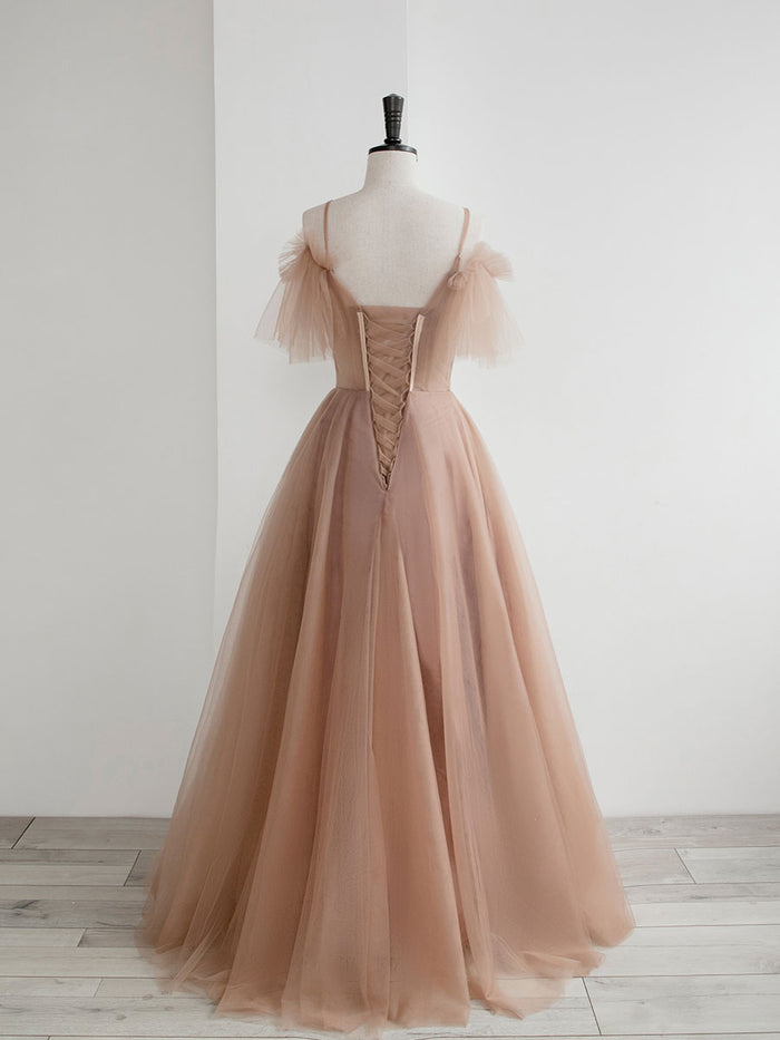Champagne A line tulle lace long prom dress, champagne evening dress