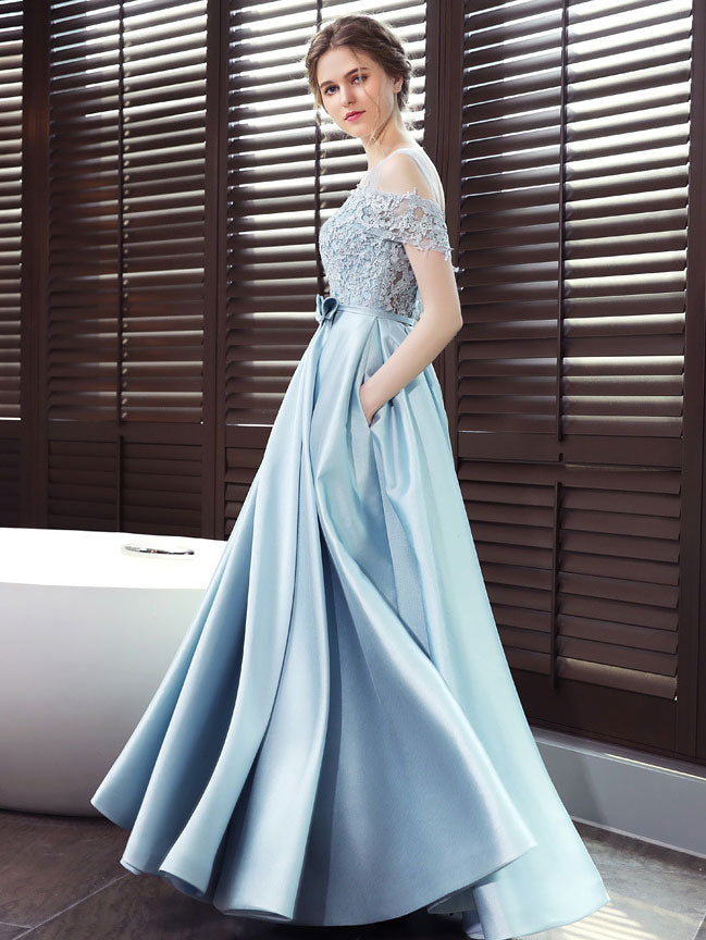 Blue off shoulder lace satin long prom dress, blue bridesmaid dress