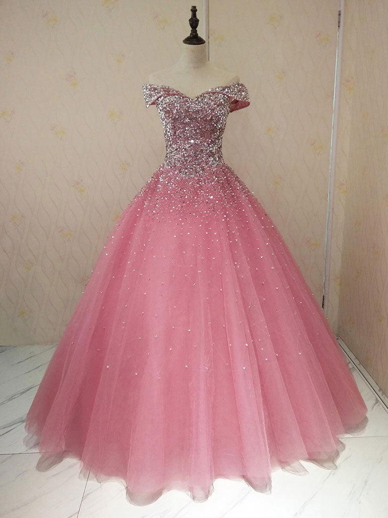 Pink sweetheart tulle sequin beads long prom dress, pink evening dress