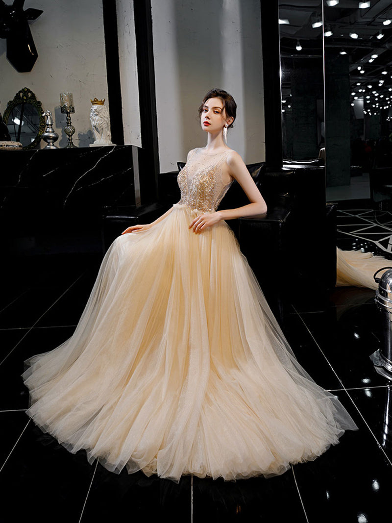 Champagne A line manual beads tulle long prom dress, tulle evening dress