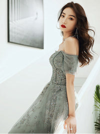 Gray green tulle lace long prom dress gray green evening dress