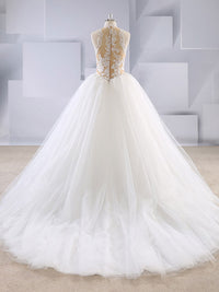 White high neck lace tulle long wedding dress, lace wedding gown