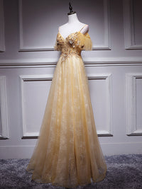 Gold v neck tulle lace long prom dress, gold tulle evening dress