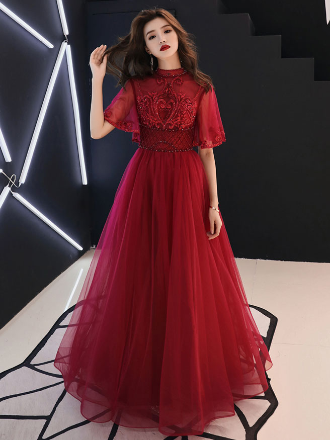 Burgundy tulle lace long prom dress, burgundy evening dress
