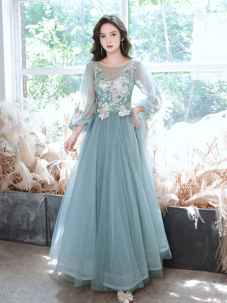 Green round neck tulle lace long prom dress, green evening dress
