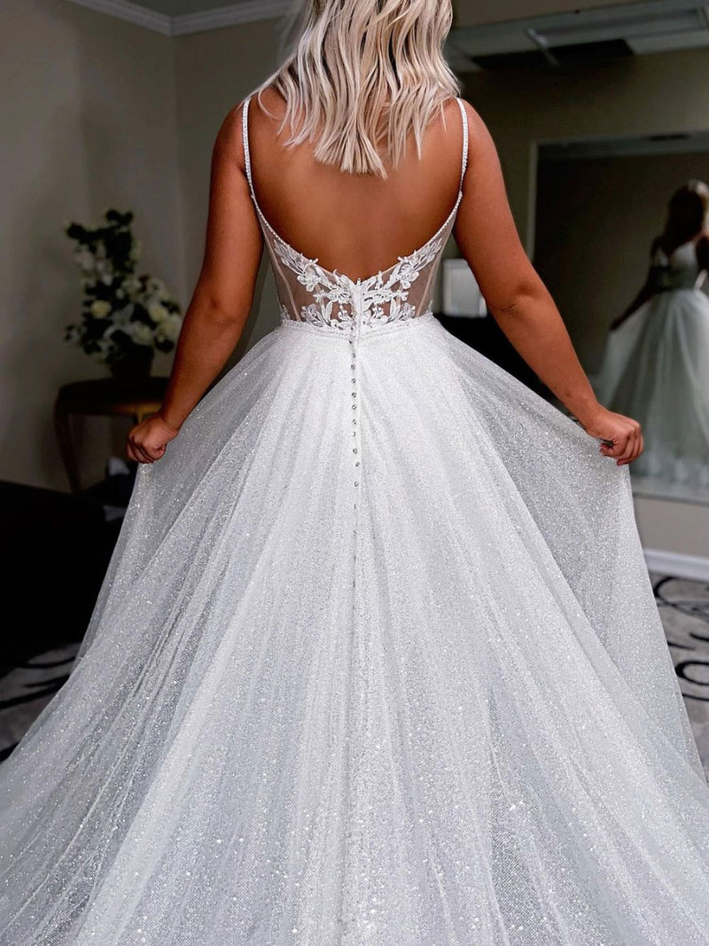 White v neck tulle sequin long prom dress, white tulle evening dress