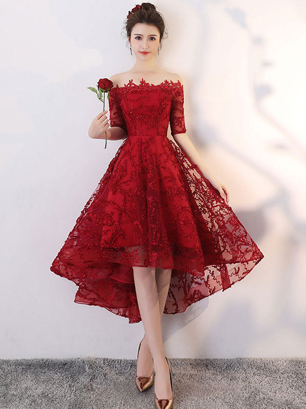 Burgundy lace high low prom dress, burgundy homecoming dress toptby Burgundy lace high low prom dress, burgundy homecoming dress toptby