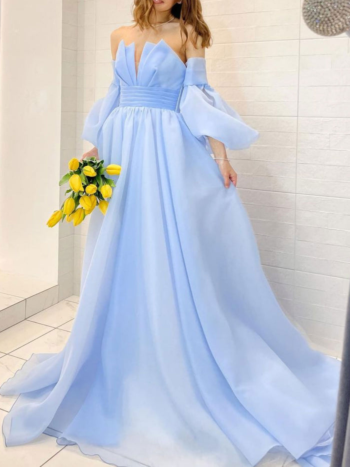 A line blue long prom dress, Organza formal blue evening dress