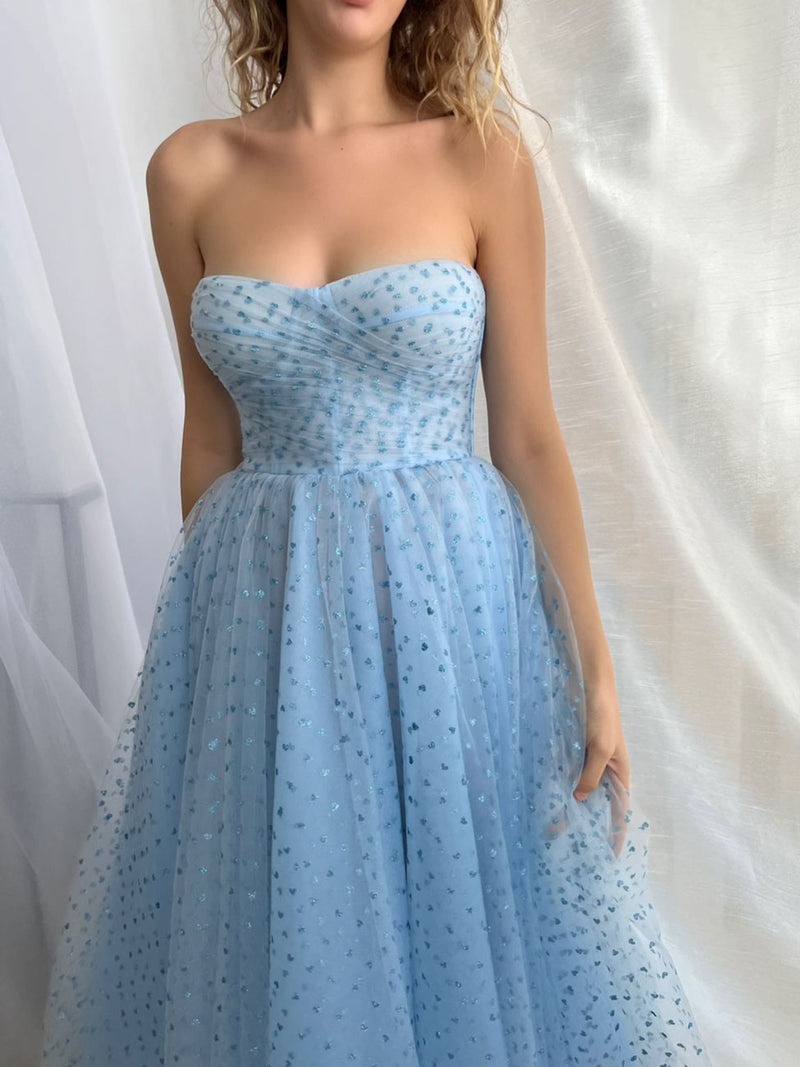 A line Blue Tulle Short Prom Dresses, Blue Formal Homecoming Dresses