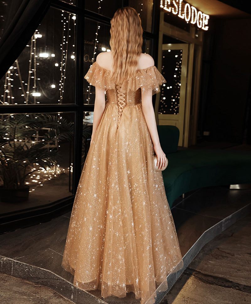 Gold off shoulder tulle long prom dress, gold evening dress toptby Gold off shoulder tulle long prom dress, gold evening dress toptby