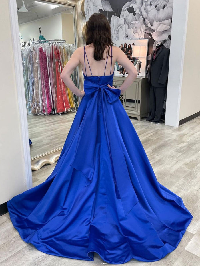 Simple blue satin long prom dress, blue evening dress