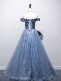Unique blue tulle beads long prom dress, blue tulle evening dress