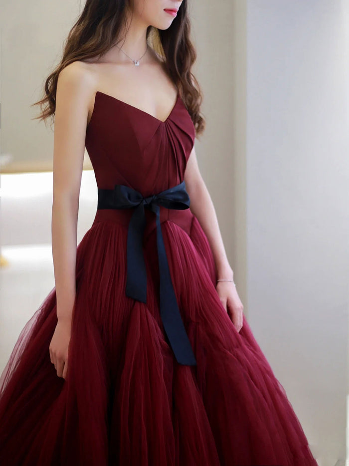 Burgundy V neck  tulle long prom dress, burgundy tulle formal evening dress
