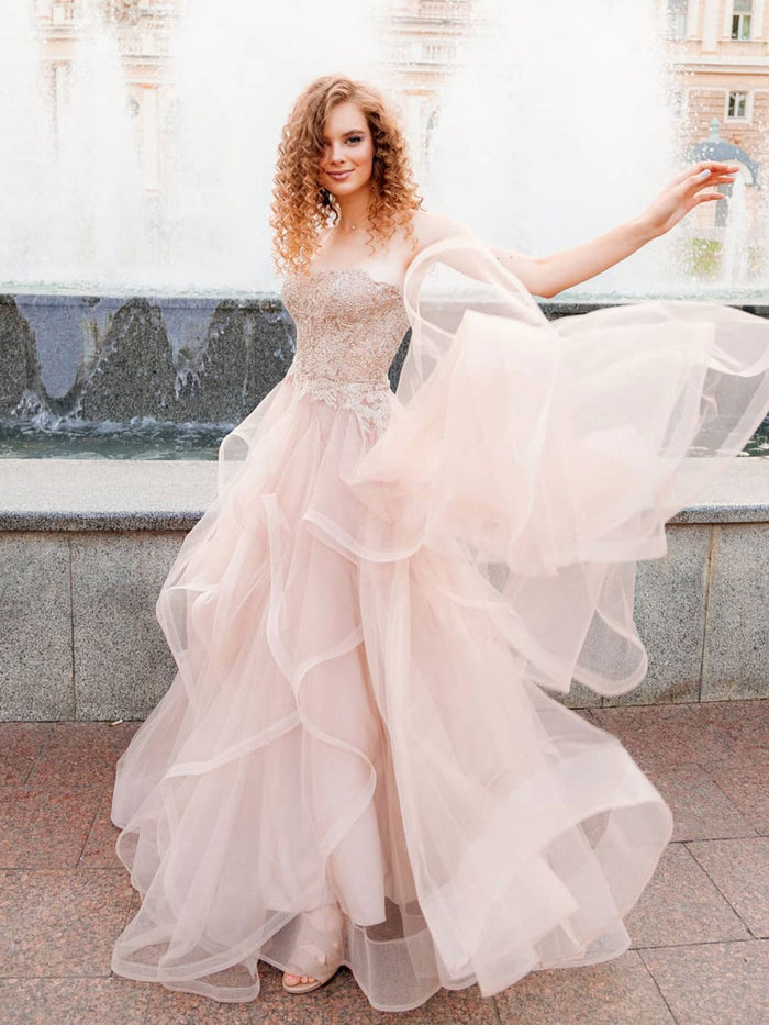 Champagne sweetheart neck tulle lace long prom dress, lace evening dress