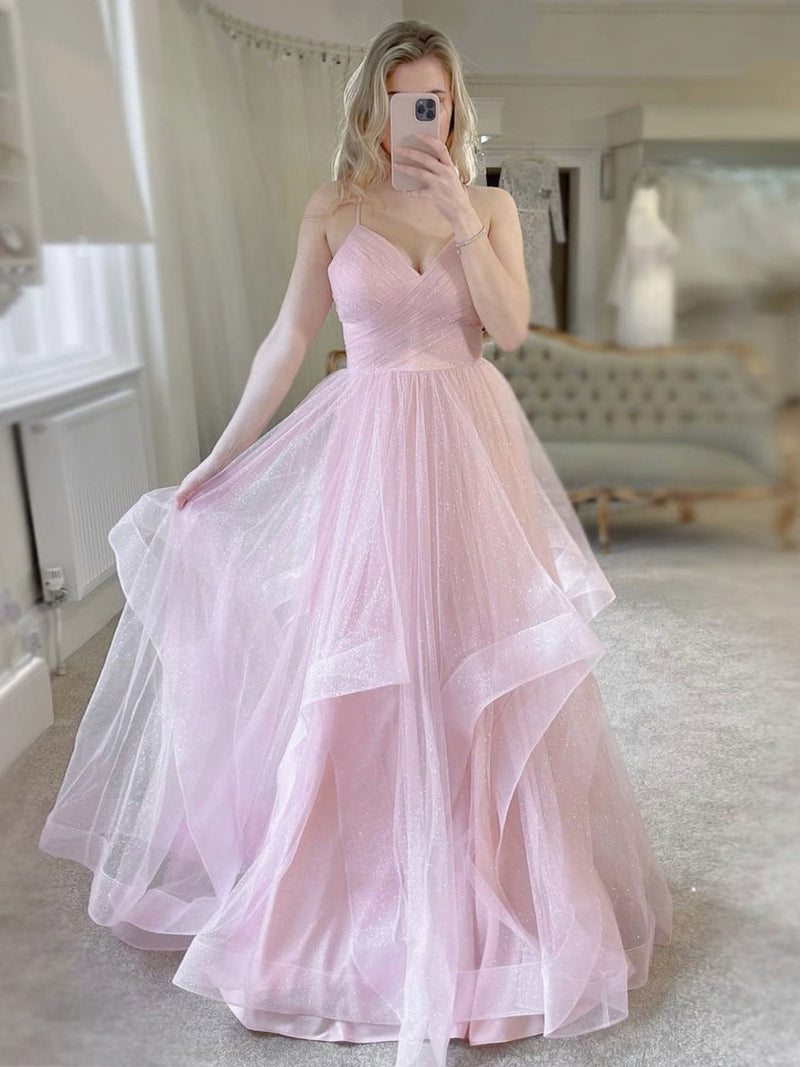 Simple v neck pink tulle long prom dress, pink tulle formal dress