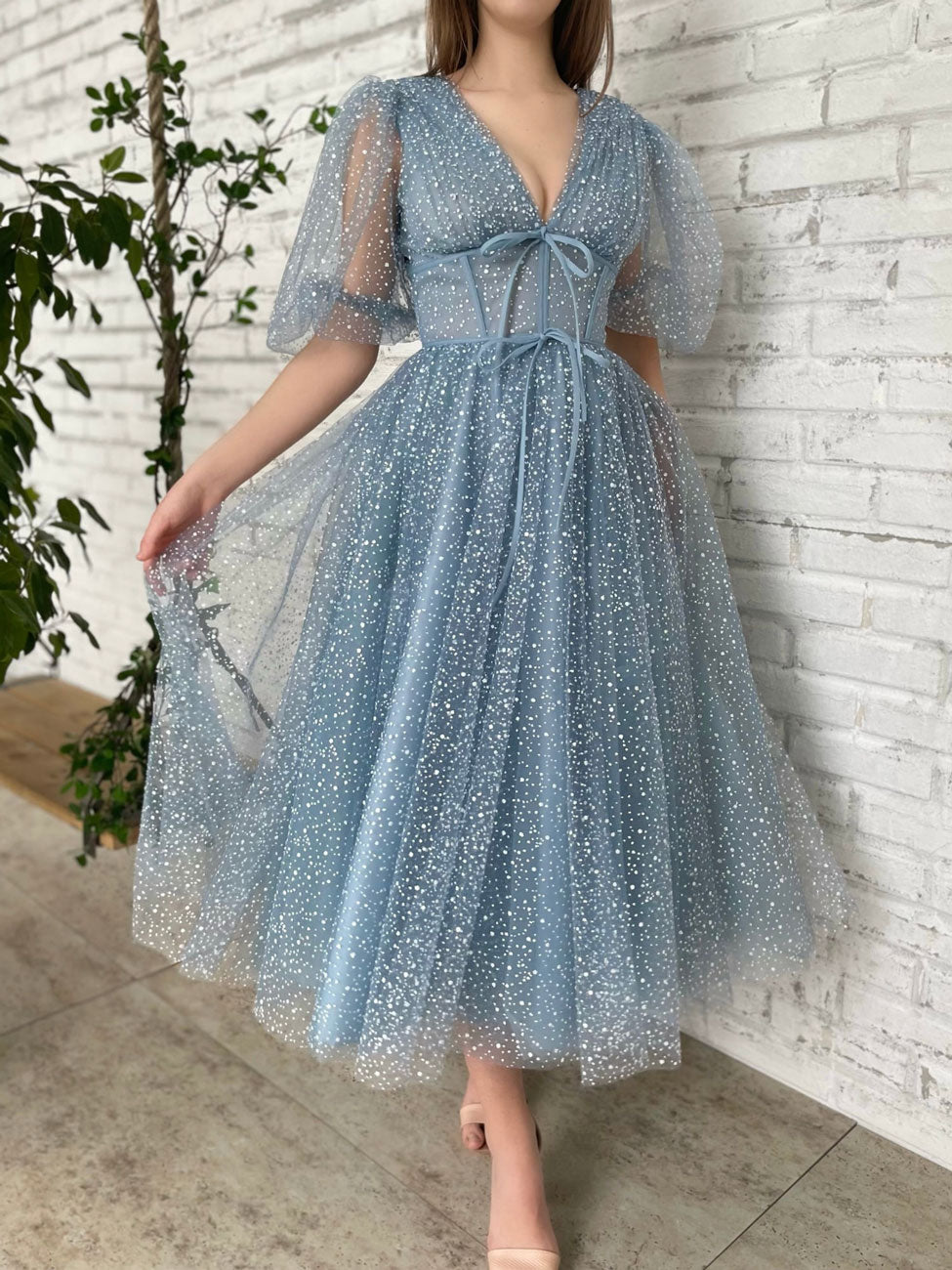 Aline Gray Blue Short Prom Dress, V Neck Blue Formal Cocktail Dress – toptby