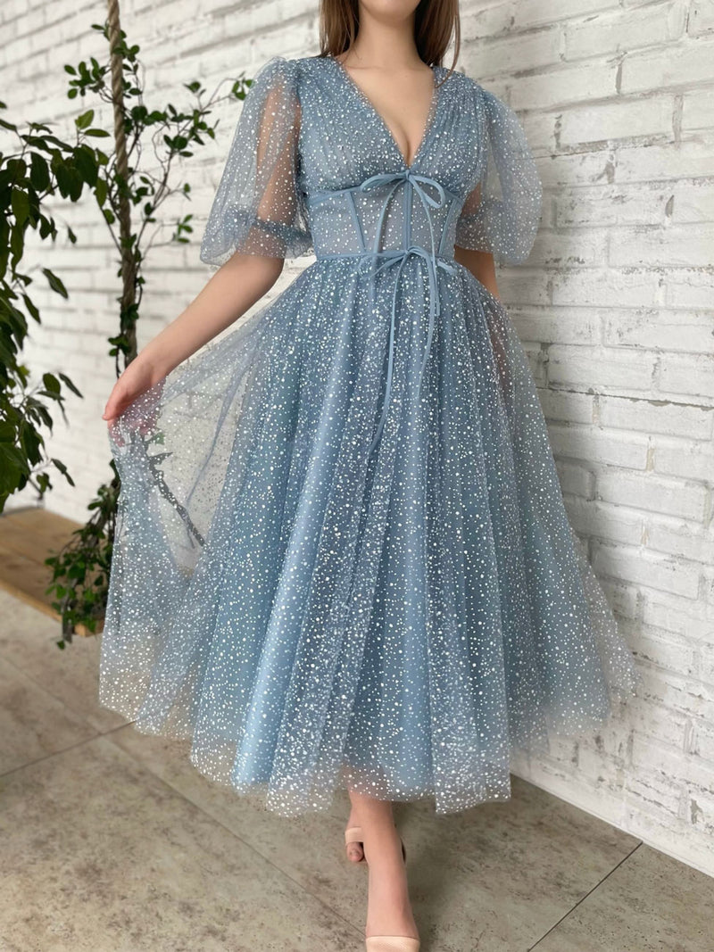Aline Gray Blue Short Prom Dress, V Neck Blue Formal Cocktail Dress
