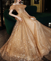 Gold off shoulder tulle long prom dress, gold evening dress