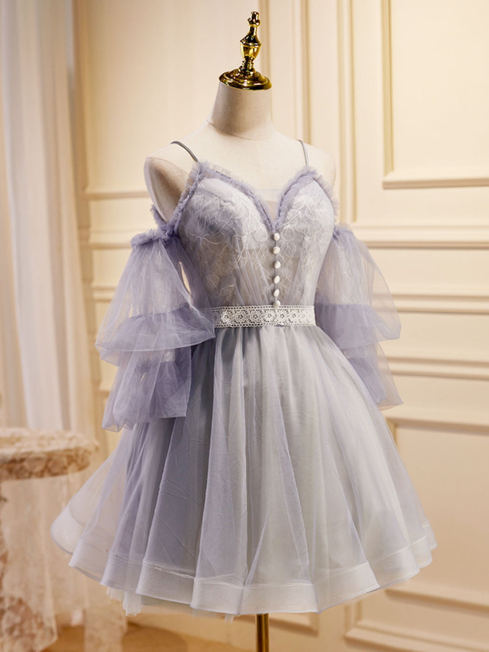 Light Purple A-Line Lace Tulle Short Prom Dress, Light Purple Homecomi