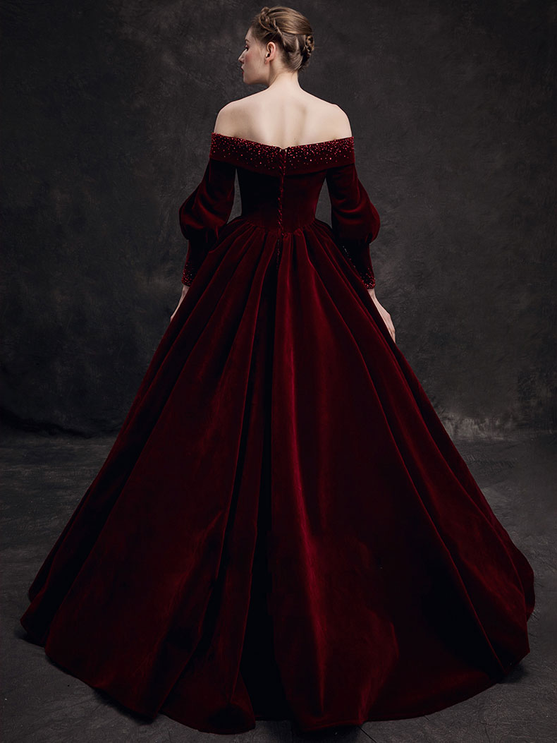 Burgundy velvet beads long prom dress, burgundy evening dress toptby Burgundy velvet beads long prom dress, burgundy evening dress toptby