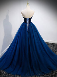 Blue sweetheart neck tulle long prom dress, blue formal dress