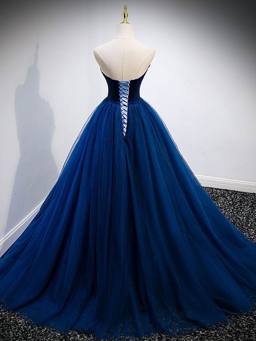 Blue sweetheart neck tulle long prom dress, blue formal dress