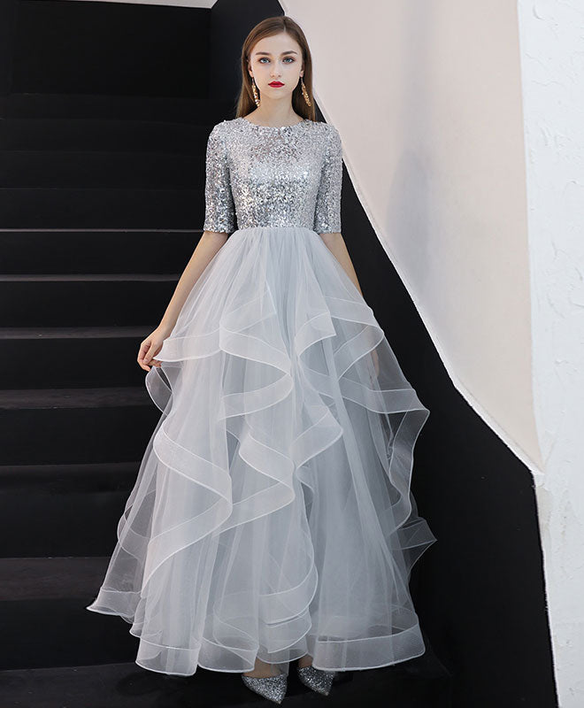 Gray tulle sequin long prom gown, gray tulle evening dress