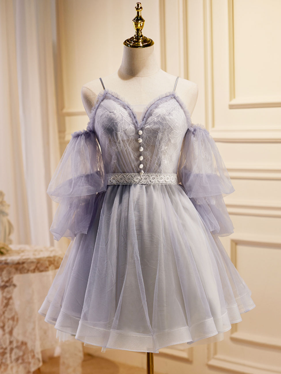 Light Purple A-Line Lace Tulle Short Prom Dress, Light Purple Homecomi toptby Light Purple A-Line Lace Tulle Short Prom Dress, Light Purple Homecomi toptby