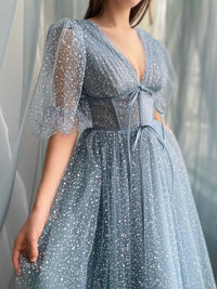 Aline Gray Blue Short Prom Dress, V Neck Blue Formal Cocktail Dress