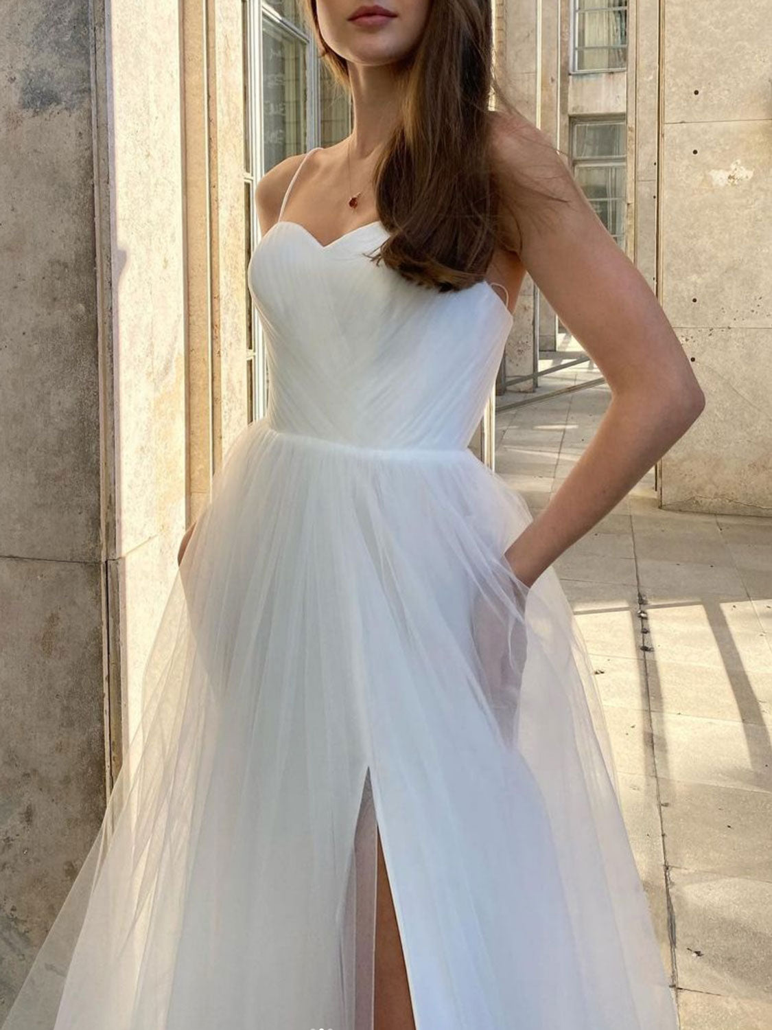 White sweetheart neck white long prom dress, white evening dress