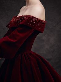 Burgundy velvet beads long prom dress, burgundy evening dress