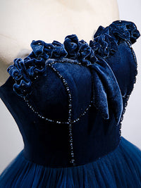 Blue sweetheart neck tulle long prom dress, blue formal dress