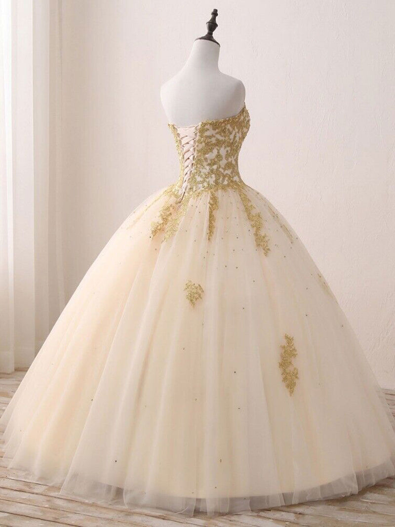 Champagne Sweetheart Neck Tulle Long Prom Gown, Champagne Sweet 16 Dress