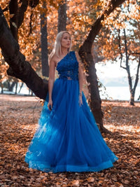 Blue one shoulder tulle lace long prom dress, blue formal dress